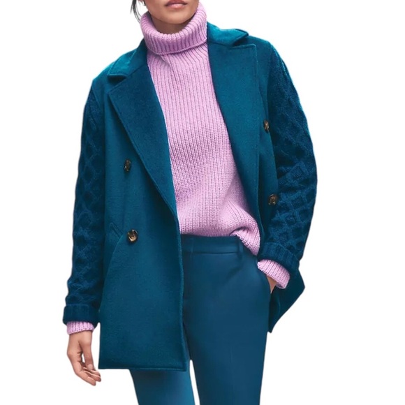 Ann Taylor Wool Blend Mixed Media Breasted Buttoned Blue Cable Cardigan LP - Picture 7 of 16